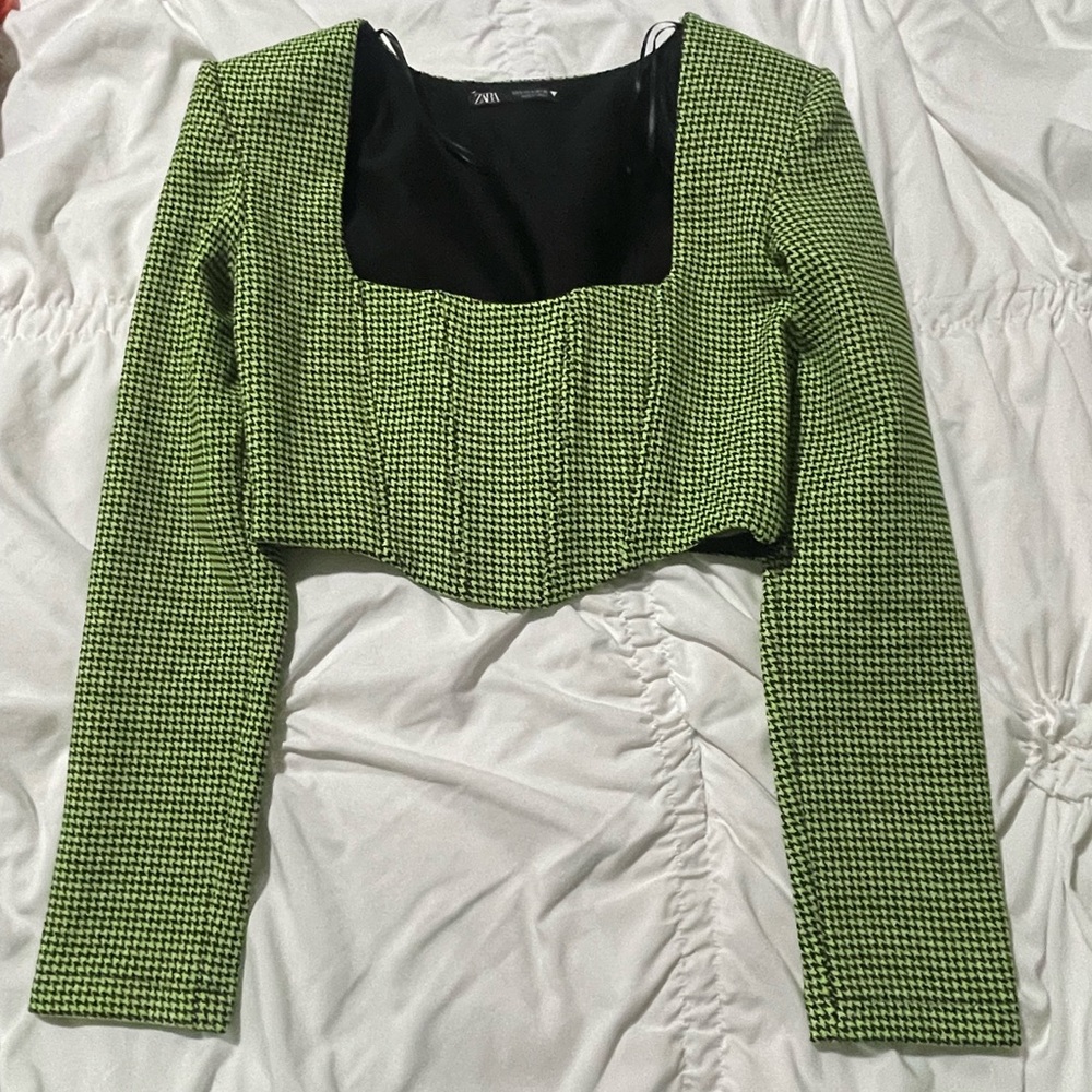 Zara Lime Houndstooth Cropped Jacket